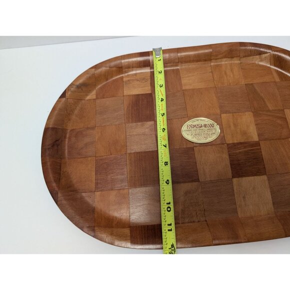 Formosa-Wood Checkered Wooden Oval Serving Tray 18"x12" Genuine Oriental Vintage - Picture 4 of 5